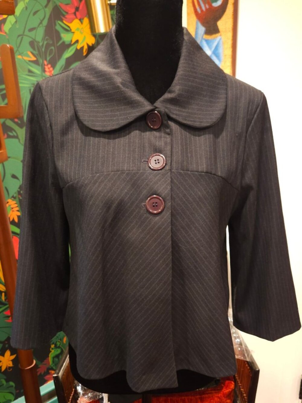 NEW Dark Gray Pinstripe Button-Up Jacket, Peter Pan Collar 3/4 Sleeves Large